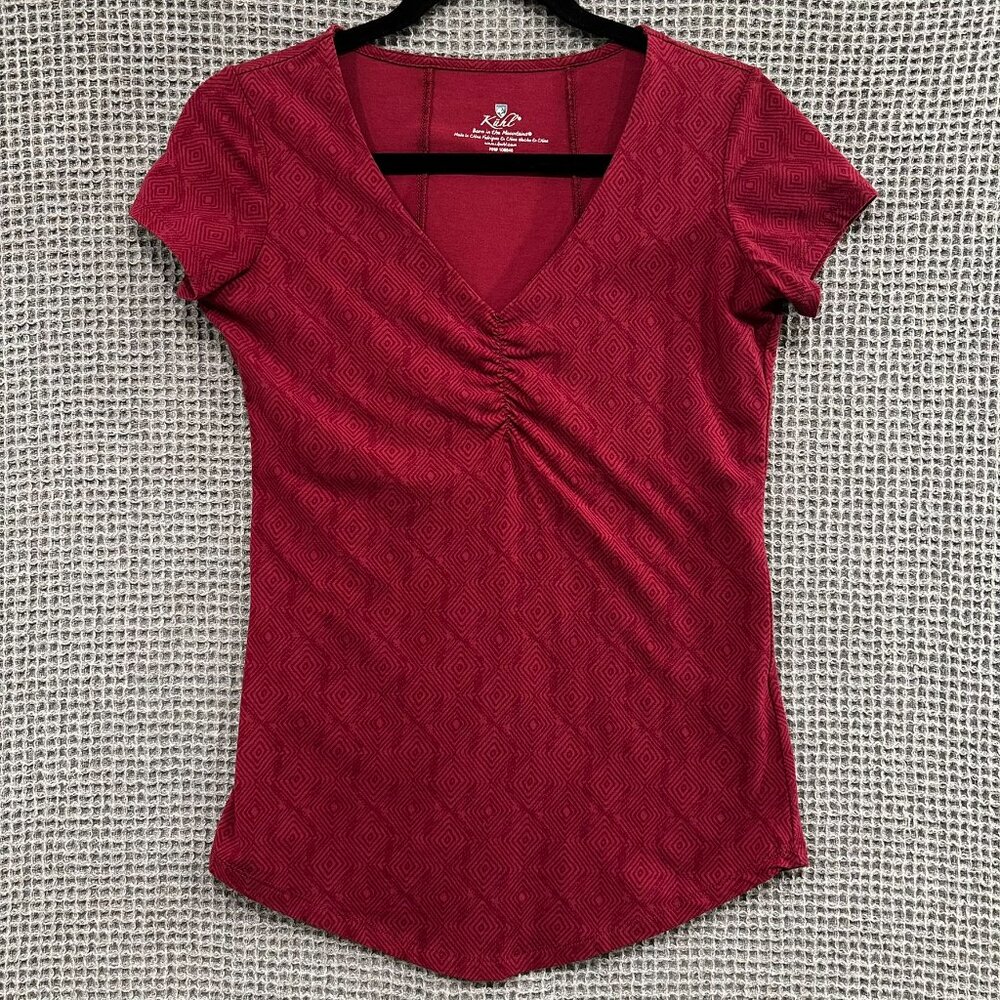 Women’s Kuhl Short Sleeve V-neck T-Shirt Cinch Front Geometric Pattern Size XS